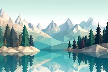 Mountain And Lake Landscape In Low Polygon Style Background, 3D Render. Generative AI