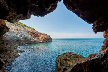 Cova Tallada in Javea. Sea cave on the Montgo natural park in Alicante province, Javea, Spain. In this place you can snorkel.