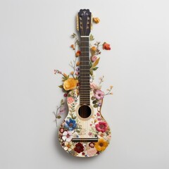 This is an Ai generated image of a guitar covered in colorful flowers, in the style of photorealistic renderings, made with playfully intricate vines created from a high angle view looking down. - obrazy, fototapety, plakaty