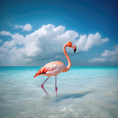 pink flamingo swimming on some shallow water at some beach with blue skies and white puffy clouds in the background