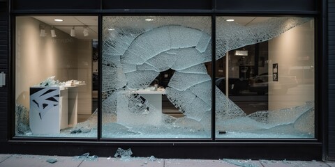 A shattered storefront window, evoking the impact of civil unrest and social discord, concept of Fragmentation, created with Generative AI technology