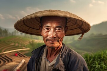 Smiling Chinese farmer with traditional hat. Generative AI