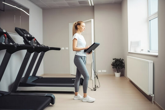 Full shot of female physiotherapist browsing on mobile tablet. Woman in sportive clothes with slim body type is in the gym.