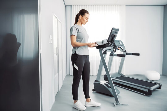 Full shot of female physiotherapist browsing on mobile tablet. Woman in sportive clothes with slim body type is in the gym.