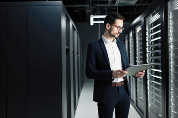 Fototapeta premium IT computer specialist holding laptop in his hands and inspecting servers at datacenter. High quality generative AI