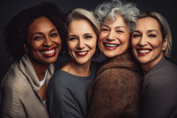 Four fun loving playful smiling multiethnic women posing in the studio against dark background. Generative AI.