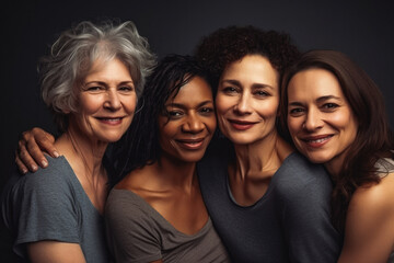 Four fun loving playful smiling multiethnic women posing in the studio against dark background. Generative AI.