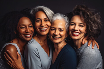 Obraz premium Four fun loving playful smiling multiethnic women posing in the studio against dark background. Generative AI.