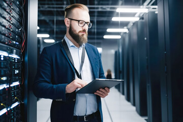 IT computer specialist holding laptop in his hands and inspecting servers at datacenter. High quality generative AI
