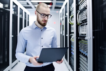IT computer specialist holding laptop in his hands and inspecting servers at datacenter. High quality generative AI