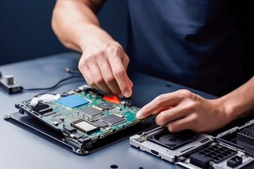 Naklejka premium IT computer repair specialist repairing a laptop or other electronic device. High quality generative AI