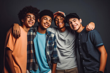Four fun loving smiling cheerful multiethnic teen males posing in studio against dark background. Generative AI.