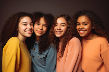 Obraz premium Four fun loving playful smiling multiethnic women posing in the studio against dark background. Generative AI.