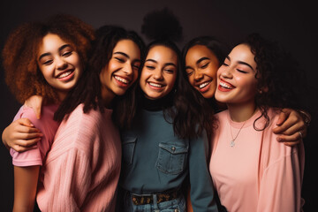 Fototapeta premium Five fun loving playful smiling multiethnic teen women posing in the studio against dark background. Generative AI.