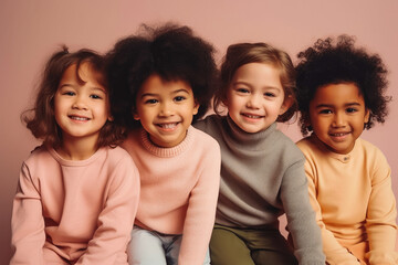 Four fun loving cheerful happy multiethnic children posing in studio. Generative AI. - obrazy, fototapety, plakaty