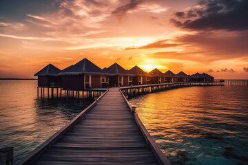 Obraz premium Romantic sunset on pier with villas on the water. Beautiful beach with clear blue water and bungalows. Generative AI.