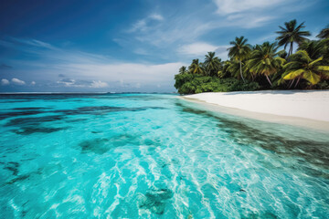 Fototapeta premium Tropical beach in the maldives. Paradise beach tropical resort with clear blue water and palm trees. Generative AI.