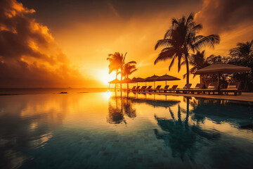 Fototapeta na wymiar Tropical idyllic sunset pool in the luxury maldives. Paradise beach tropical resort with clear blue water and palm trees. Generative AI.