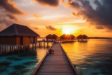 Obraz premium Romantic sunset on pier with villas on the water. Beautiful beach with clear blue water and bungalows. Generative AI.