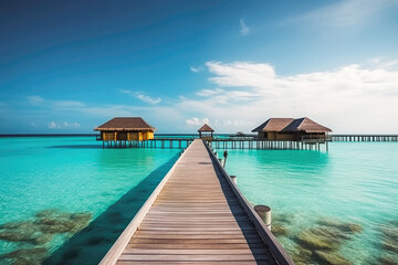 Villas on the tropical beach with steps into water. Beautiful beach with clear blue water and sunny water bungalows. Generative AI.