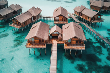 Top down view on villas on the tropical beach with steps into water. Beautiful beach with clear blue water and sunny water bungalows. Generative AI.