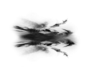 Black smoke cloud, fog or smokey flare and steam or gas, mist explosion with a powder spray. Rorschach test, design element and texture isolated on a transparent background