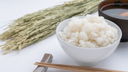 日本の食事｜おいしそうなご飯と味噌汁と収穫した稲穂
