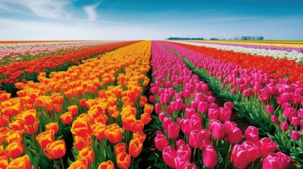 Gorgeous fields of blooming tulips in spring