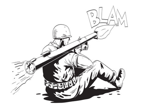 soldier firing rocket launcher, black and white clip art preview