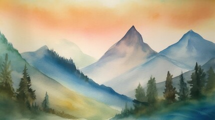 Watercolor mountain scenery in soft pastel shades