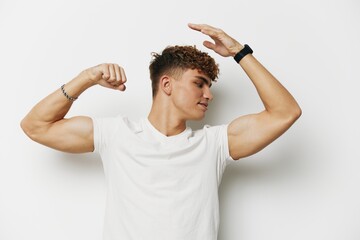 man young chest torso curly white background person t-shirt fitness handsome attractive adult