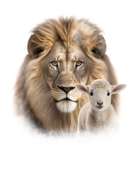 The Lion and the Lamb: The Ultimate Symbol of Power and Peace, White Background.  Generative AI.