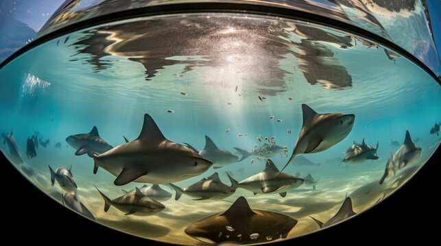 Underwater photograph of stingrays, sharks, and barracudas