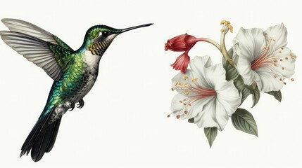 Realistic botanical illustration of a hummingbird