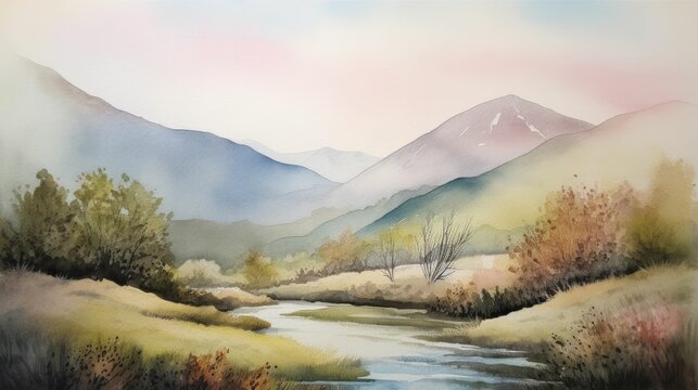 Watercolor painting of mountain scenery in pastel hues