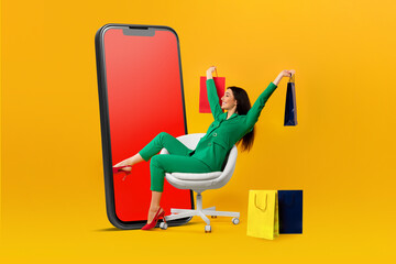 Shopaholic lady enjoying seasonal discounts and sales, holding colorful shopper bags while sitting...
