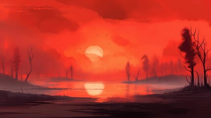 Dreamy atmosphere with intense warm red sky