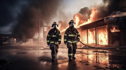 Firefighters in front of a burning building. Generative AI
