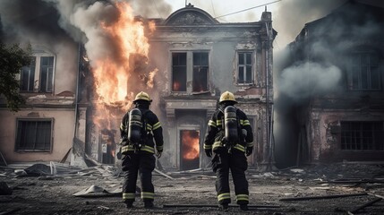 Firefighters in front of a burning building. Generative AI
