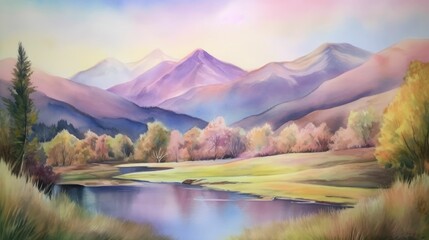 Watercolor painting of soft pastel mountain scenery
