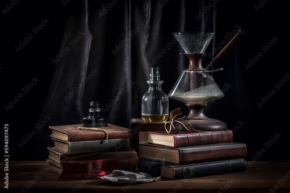 Poster a table topped with books and bottles filled with liquid. ai generative image chemistry concept.