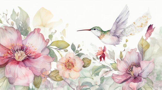 Watercolor florals with delicate hummingbird additions