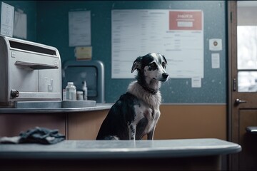A dog waits alone in a veterinary clinic.Ai generated