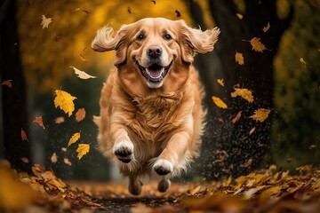 A beautiful golden retriever dog running through the fallen leaves. AI generative.