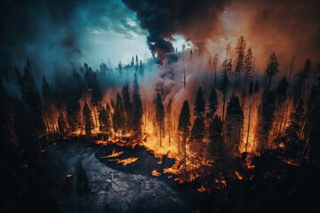 Terrible forest fire in view of drone. Ai generated.