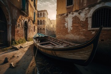 The dry water channels in Venice leave the gondolas unused, old and abandoned. Ai generated.