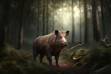 Portrait of a wild boar in a forest. Ai generated.
