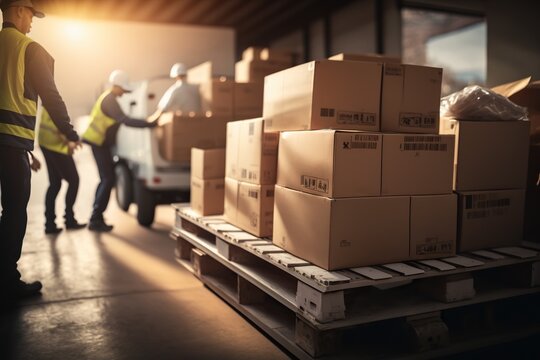 Operators lift heavy cardboard boxes in a logistics warehouse. Ai generated.