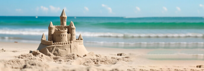 sand castle on a beautiful beach. copy space. Generative AI - obrazy, fototapety, plakaty