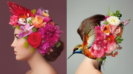 Floral portrait with vibrant hummingbird accents